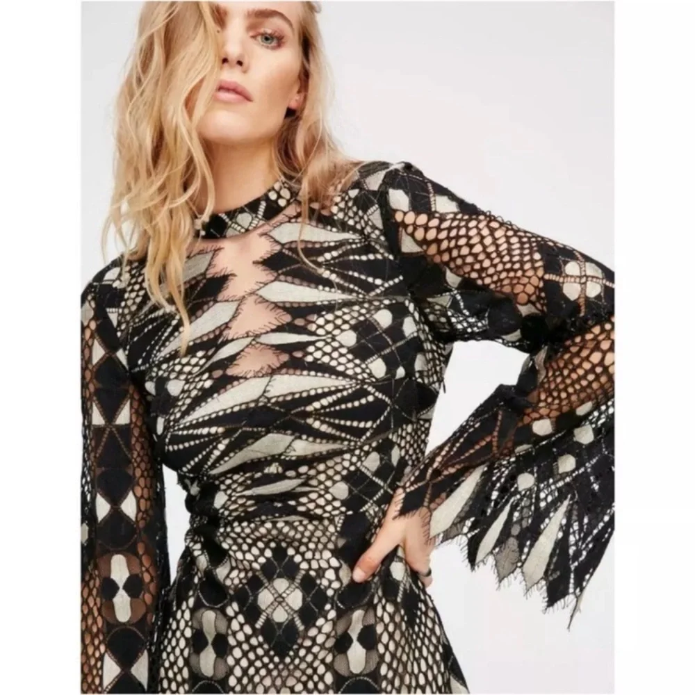 Free People Black Art Deco Lace Mini Dress - Picture 2 of 15